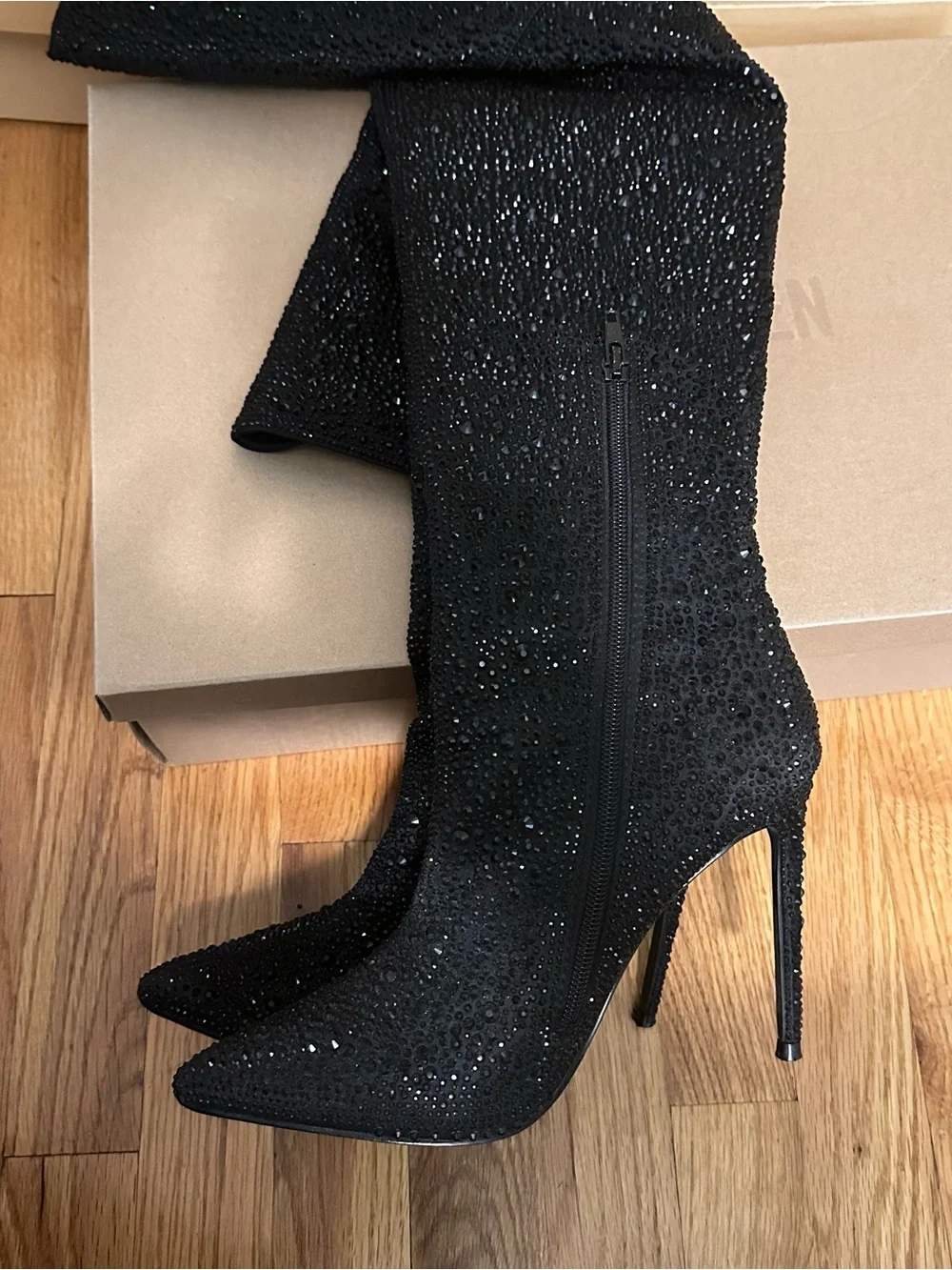 Steve Madden Black Crystal-Embellished Thigh High Boots - VIVIANNE